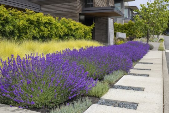 Lush lavender flowers beautifully accent a contemporary pathway, elevating the charm of a meticulously designed garden under the warmth of the midday sun