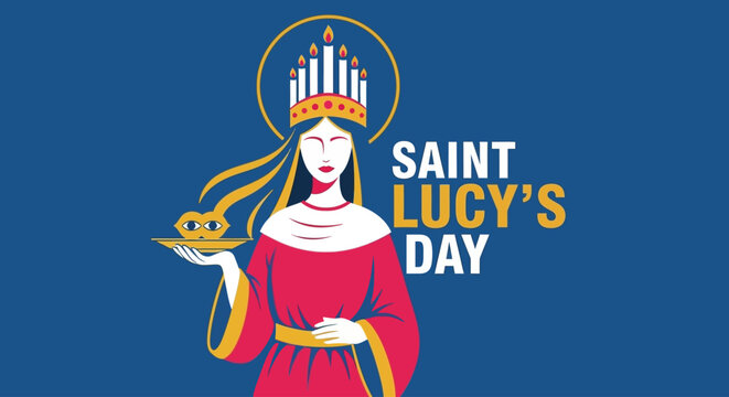 Celebrate Saint Lucy's Day with this vibrant illustration featuring a traditional candle crown and offering of light, perfect for holiday greetings and cultural events promotions