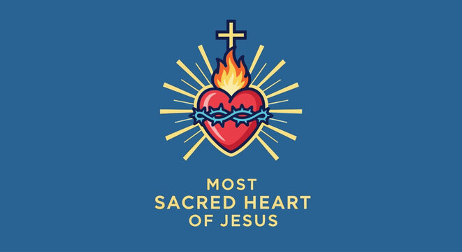 Celebrate your faith with the radiant Most Sacred Heart of Jesus, a symbol of divine love, sacrifice, and compassion, radiating warmth and hope on a classic blue background