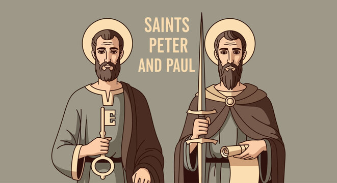 Discover the inspiring story of Saints Peter and Paul with this classic illustration, perfect for religious education, church publications, and faith-based projects