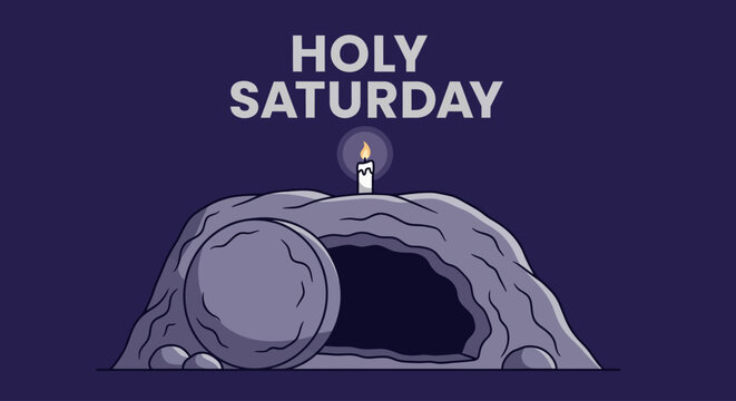Mark Holy Saturday with this compelling illustration of the tomb and candle, conveying solemnity and hope for Easter celebrations, perfect for reflective content