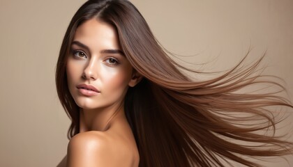 Young woman with long straight brown hair. Hair flows in the wind. Beautiful face with brown eyes and fair skin. Healthy hair care and beauty concept. Female portrait on beige background.