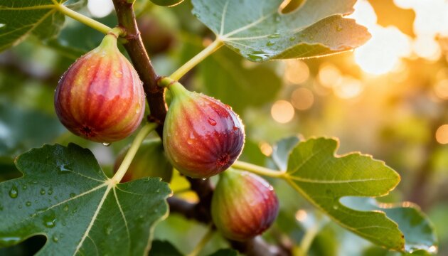 A close-up shot at eye level captures a cluster of ripe figs hanging from a tree branch. - Powered by Adobe