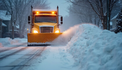 Yellow snowplow truck clears residential street during heavy winter storm. Large vehicle pushes deep snow aside in cold blizzard. Public service machinery works at dusk with headlights on, ensuring