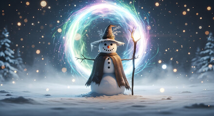 Magical Snowman Wizard in Winter Forest