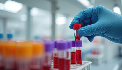 Gloved hand picks up blood sample tube in lab. Blood tests prepared for medical analysis in modern science research center. Examination of samples for disease control is progress.