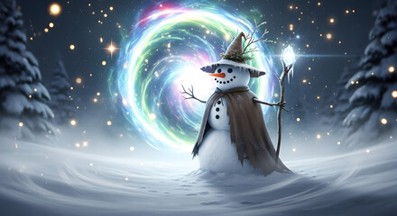 Magical Snowman Wizard in Winter Forest