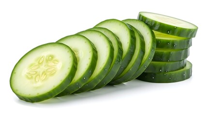 Neatly arranged freshly sliced green cucumber rounds isolated isolated on transparent background, isolated on white background