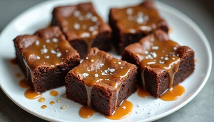 Chocolate brownies on white plate topped with melted caramel sauce, coarse sea salt. Delicious homemade fudge cake squares sweet pastry dessert. Tasty freshly baked yummy snack ready to eat serve.