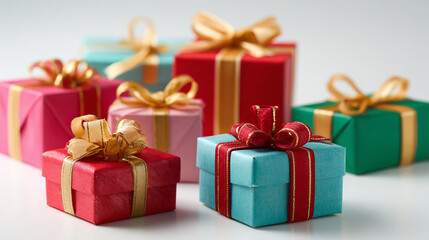 Obraz premium On a clean white background, several red and colorful gift boxes are arranged in an elegant composition.