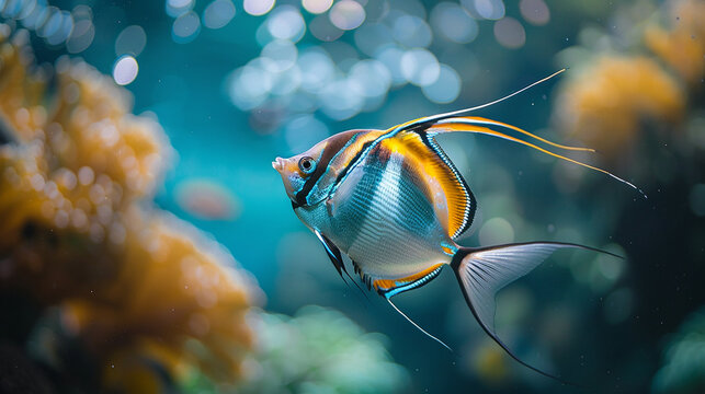 Elegant angelfish swimming gracefully in a crystal-clear aquarium. - Powered by Adobe