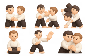 Aikido movements icon set featuring simple compositions for martial arts design