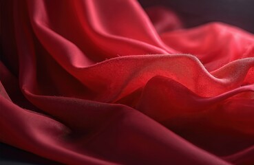 Obraz premium Detailed close up on red cloth texture. Elegant silk fabric background, satin material. Soft smooth waves create luxurious vibe, perfect for romantic themes. Use for textile designs fashion projects.