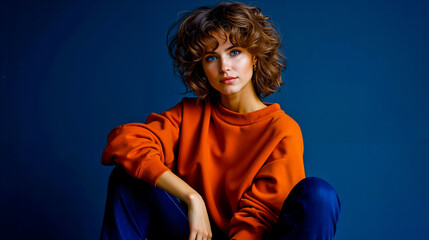 A woman with curly hair and blue eyes wearing an orange sweater and blue pants
