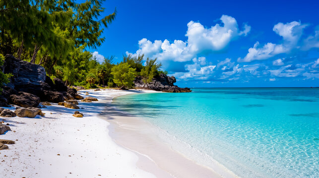 A serene beach scene with clear blue water white sand and lush greenery - Powered by Adobe