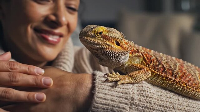 Woman Interacts With Her Pet Bearded Dragon Lizard.
