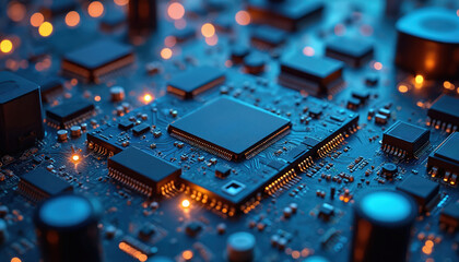 Macro shot displays complex circuit board with chips. Represents tech industry digital solutions micro scheme. Design shows technological advancement, electronics, computer science. Artificial