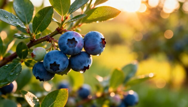 A close-up shot at eye level captures ripe blueberries hanging from a bush branch. - Powered by Adobe