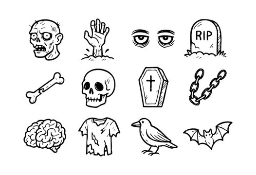 Hand-drawn doodle icons of zombies, skulls, and Halloween horror &mdash; stock vector.