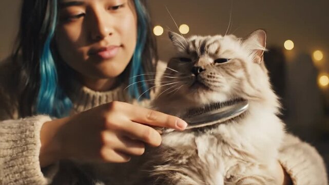 Young Woman Brushing Fluffy Cat Indoors with Cozy Lights.