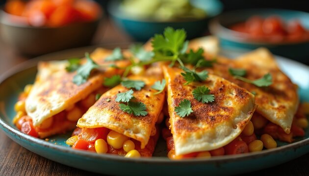 Crispy golden brown quesadillas with melted cheese corn and tomatoes are garnished with fresh cilantro leaves. Delicious mexican cuisine served on a rustic plate. - Powered by Adobe