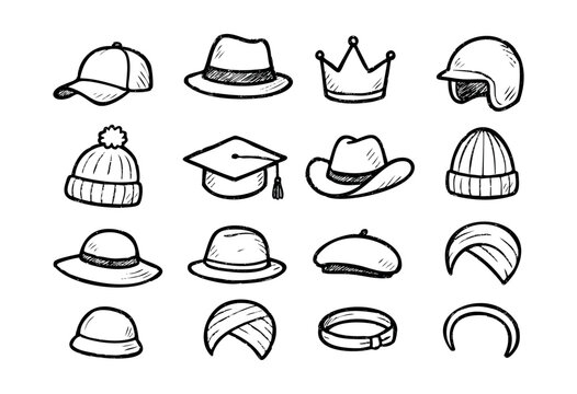 Hand-drawn doodle icons of hats, caps, and head accessories &mdash; stock vector.
