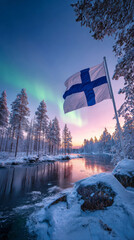 Naklejka premium Celebrating Finnish Independence Day with the flag over a frozen lake at dawn