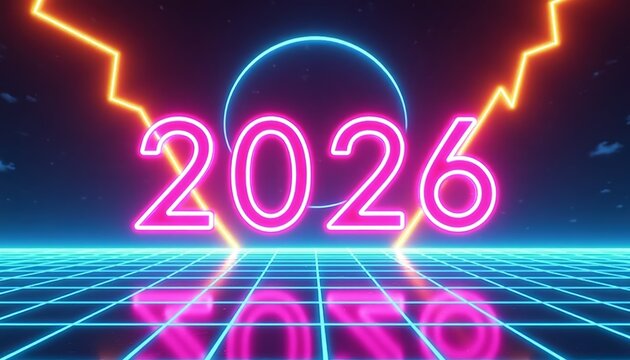 A vibrant 3D render of the numbers 2026 in pink neon light, set against a glowing blue grid reflecting on a dark surface. The image evokes a retro 80s aesthetic with a neon circle and yellow lightning