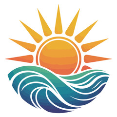 Vibrant stylized sun with radiating rays shining over a cresting ocean wave in a circular emblem representing summer vacation and coastal relaxation