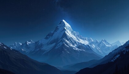 Snowy mountain peak rises against night sky. mountain range with snowcapped summit view from below. Serene scenic wilderness at high altitude under starry sky. Winter night panorama shows nature