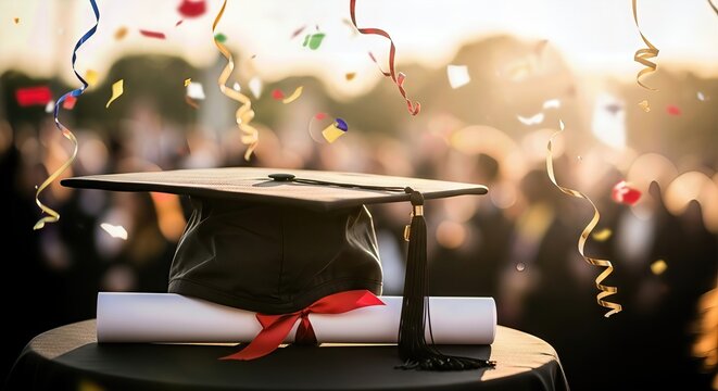 Academic mortarboard, rolled certificate with bright red ribbon, resting on surface. Golden sunlight brightens triumphant people, festive confetti, streamers descending at formal academic ceremony.