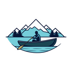 Person paddling a canoe on a lake with mountains and trees silhouette isolated on white background isolated on transparent background