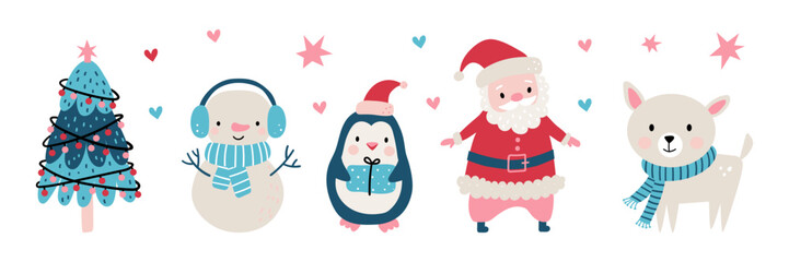 Cute Christmas illustration with a decorated tree, snowman in earmuffs, penguin with gift, a smiling Santa, and a little deer. Festive winter characters for cards, kids designs, and holiday decor