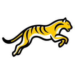 Stylized yellow tiger leaping with black stripes silhouette on black background isolated on white background isolated on transparent background