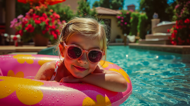 A young girl with blonde hair wearing sunglasses and a swimsuit is sitting on a pink and yellow inflatable ring in a swimming pool