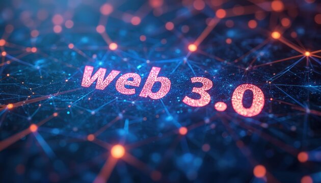 Web 3. 0 concept with glowing pink text on blue and orange network background. Futuristic technology illustration with connections and nodes. Digital communication and internet innovation.