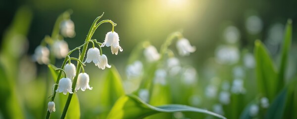 Close up shot shows white lily flowers with green leaves. Sunlight creates bokeh effect. Floral background shows beauty of nature in springtime. Perfume, spa and greeting card concepts.