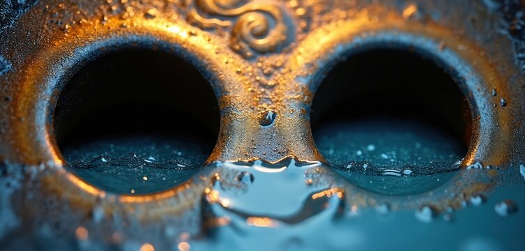 Close up view shows grease trap device with water. It is used for the liquid waste treatment. The equipment separates oils, fats, solid waste from liquid. Focus on water drops.