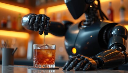 Sleek black robot bartender with glowing details skillfully pours rich brown cocktail with ice into decorative glass on modern bar counter. Scene advanced robotics, automation in hospitality