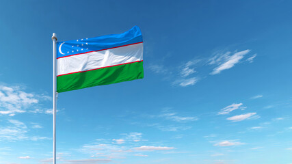 Uzbekistan flag waving proudly against a bright blue sky on Independence Day celebration