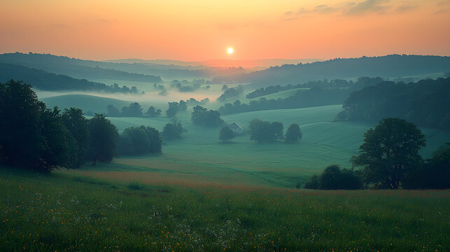 Tranquil sunrise over misty rolling hills, painting the sky with warm, golden light.