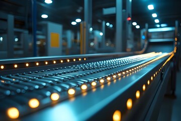 Modern conveyor system with illuminated rollers in a dark industrial interior