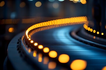 Curved conveyor track with glowing orange lights in dimly lit facility