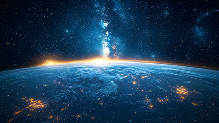 Fototapeta premium Breathtaking view of Earth from space with glowing city lights and the Milky Way above.