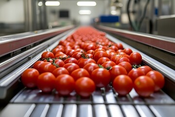 Fresh cherry tomatoes on metal conveyor belt in food processing plant