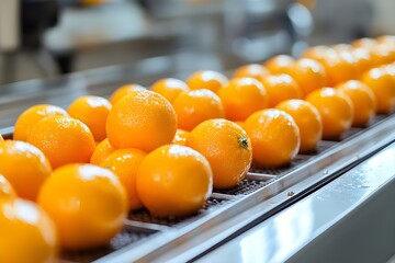 Ripe oranges on shiny conveyor system in fruit processing facility