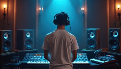 Man with headphones works in recording studio. Person stands near sound console, speakers, keyboards. Artist creates music on audio equipment. Sound engineer mixes song.
