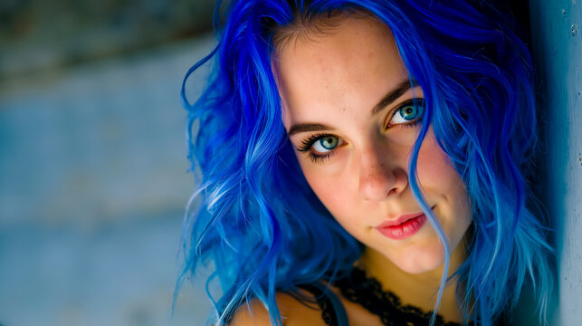 A young woman with blue hair and blue eyes looking to the side - Powered by Adobe