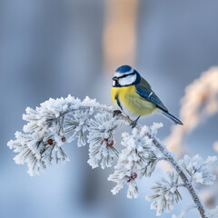 A blue and yellow bird is perched on a branch covered in snow. Concept of tranquility and peacefulness, as the bird is surrounded by the serene winter landscape