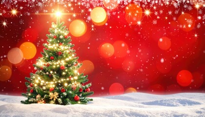 Obraz premium Bright Christmas tree with glowing lights and ornaments on snowy ground against a red bokeh background, perfect for festive holiday cards, banners and seasonal advertising.